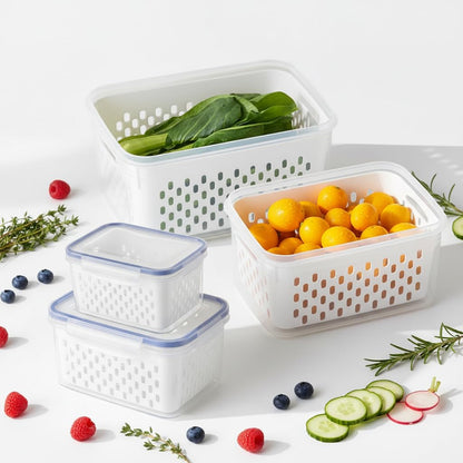 2 Pcs Fruit Storage Containers for Fridge with Removable Colander, Airtight Leakproof Produce Saver Set, Plastic Fridge Organizers for Vegetables, Berries & Meat, Dishwasher Safe