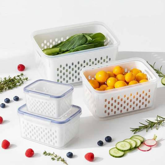 2 Pcs Fruit Storage Containers for Fridge with Removable Colander, Airtight Leakproof Produce Saver Set, Plastic Fridge Organizers for Vegetables, Berries & Meat, Dishwasher Safe