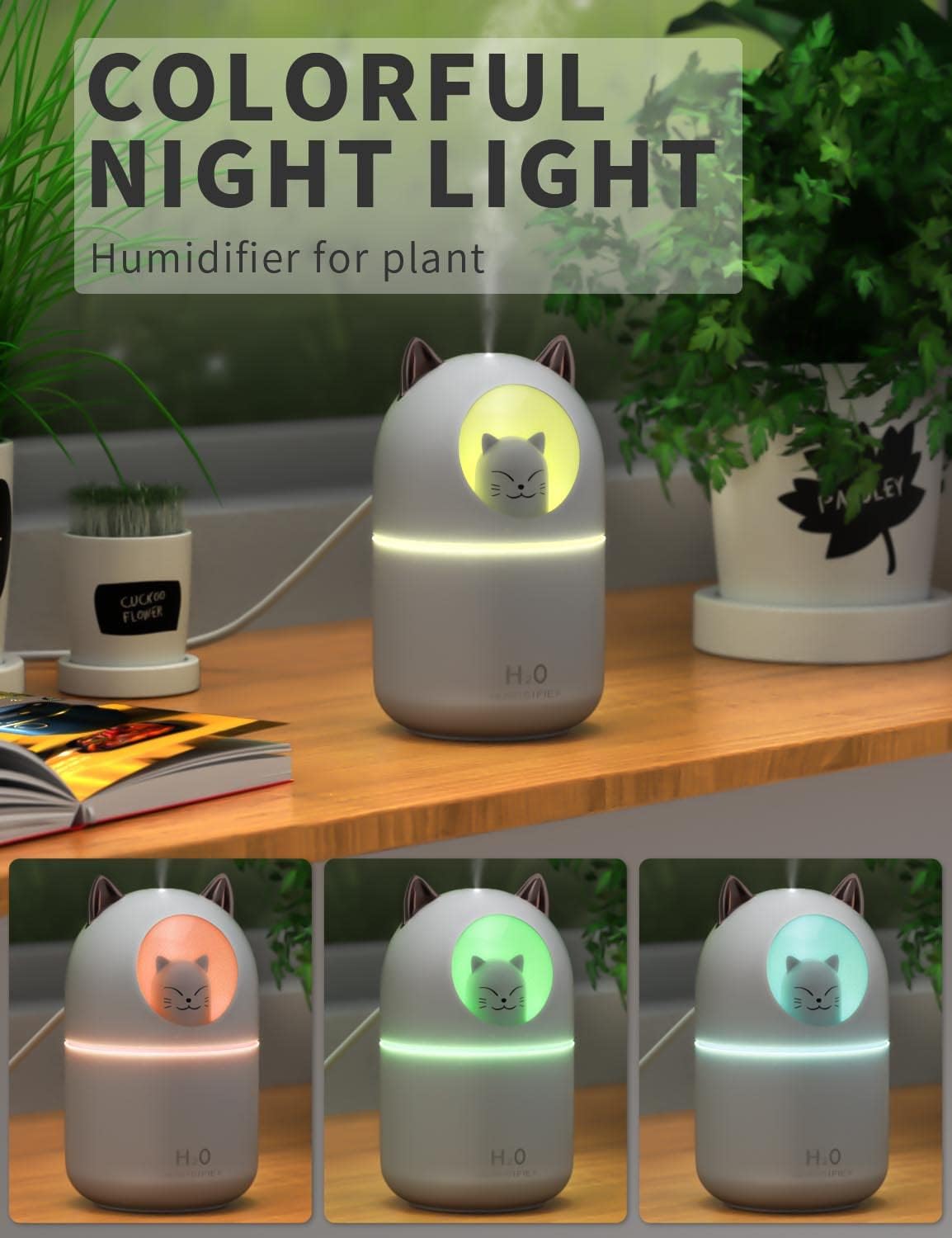 Cool Mist Humidifier,300ml Mini Humidifiers with Night Light,Waterless Auto-Off Air Humidifier,20dB Quiet Humidifiers for Bedroom,Car, Plant for Girl Boy