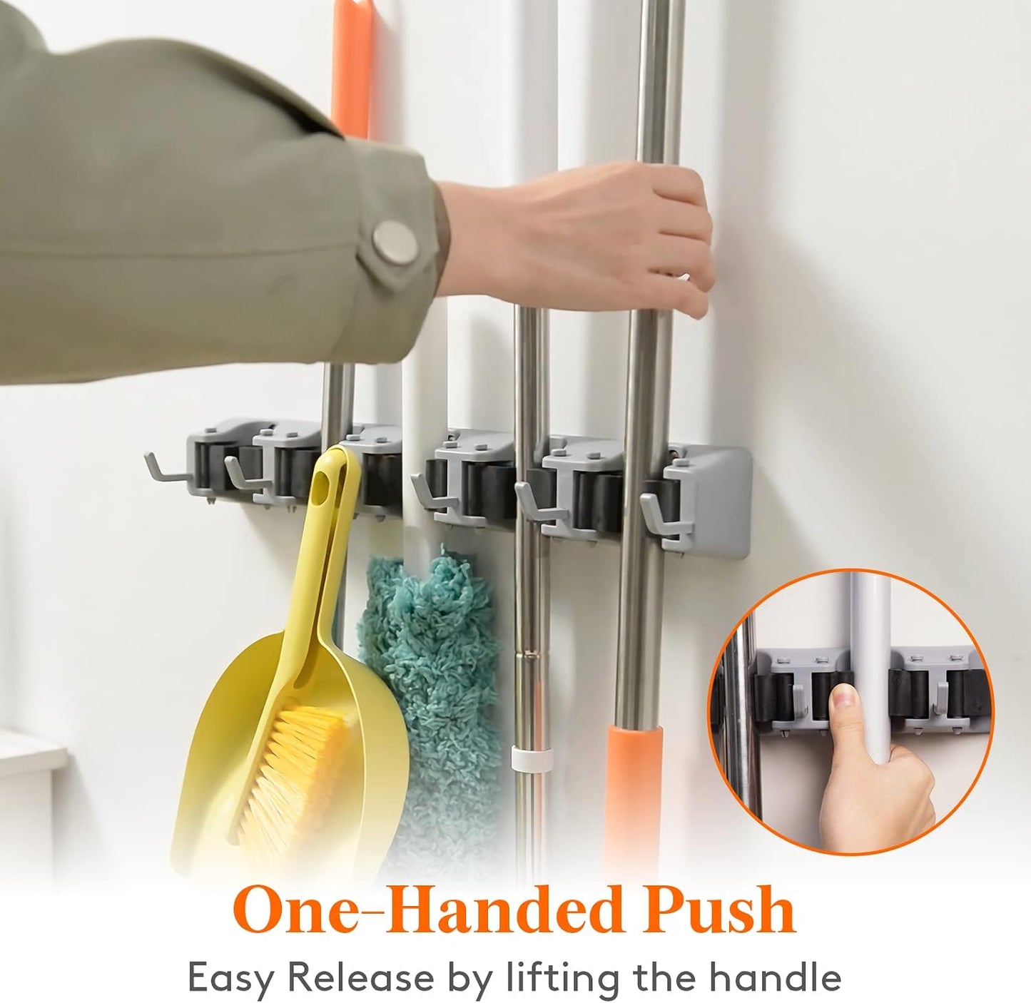 Lifewit Mop and Broom Holder Organzier Wall Hanging Mount, Black, 1 Pack | Anti-Slip Broom Storage for Cleaning Organizer, Easy Install Tool Hanging Rack with 5 slots & 6 hooks for Kitchen, Garage