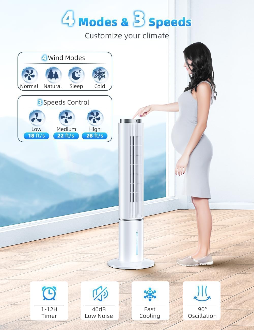 Windowless Air Conditioner w/4 Mode,3 Speed, Waterless Alert,2.4-Gal Tank for 24H Cooling, 12H Timer Swamp Cooler Air Conditioner, 20FT Remote,70° Auto Swing Evaporative Air Cooler for Bedroom