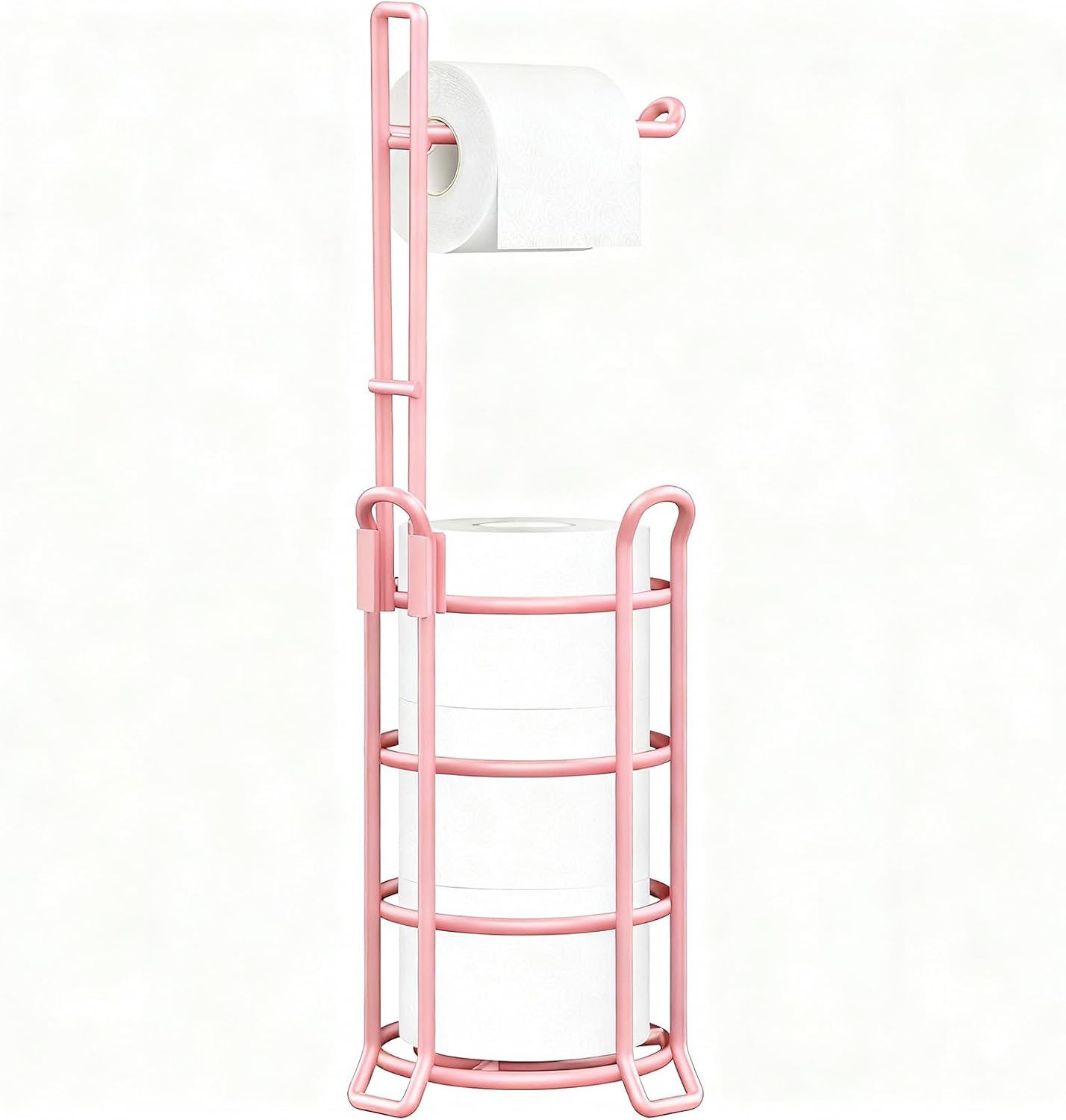 TomCare Toilet Paper Holder Free Standing with Shelf, Stable 4 Raised Feet | Stores 4 Mega Rolls, Tool-Free Assembly, Powder-Coated Metal Frame, Bathroom Storage Organizer for Spare Rolls, Silver