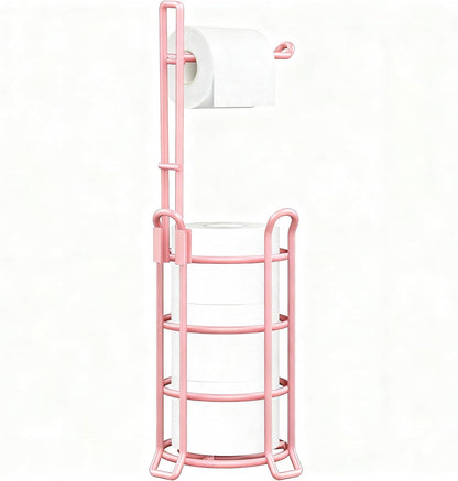 TomCare Toilet Paper Holder Free Standing with Shelf, Stable 4 Raised Feet | Stores 4 Mega Rolls, Tool-Free Assembly, Powder-Coated Metal Frame, Bathroom Storage Organizer for Spare Rolls, Silver