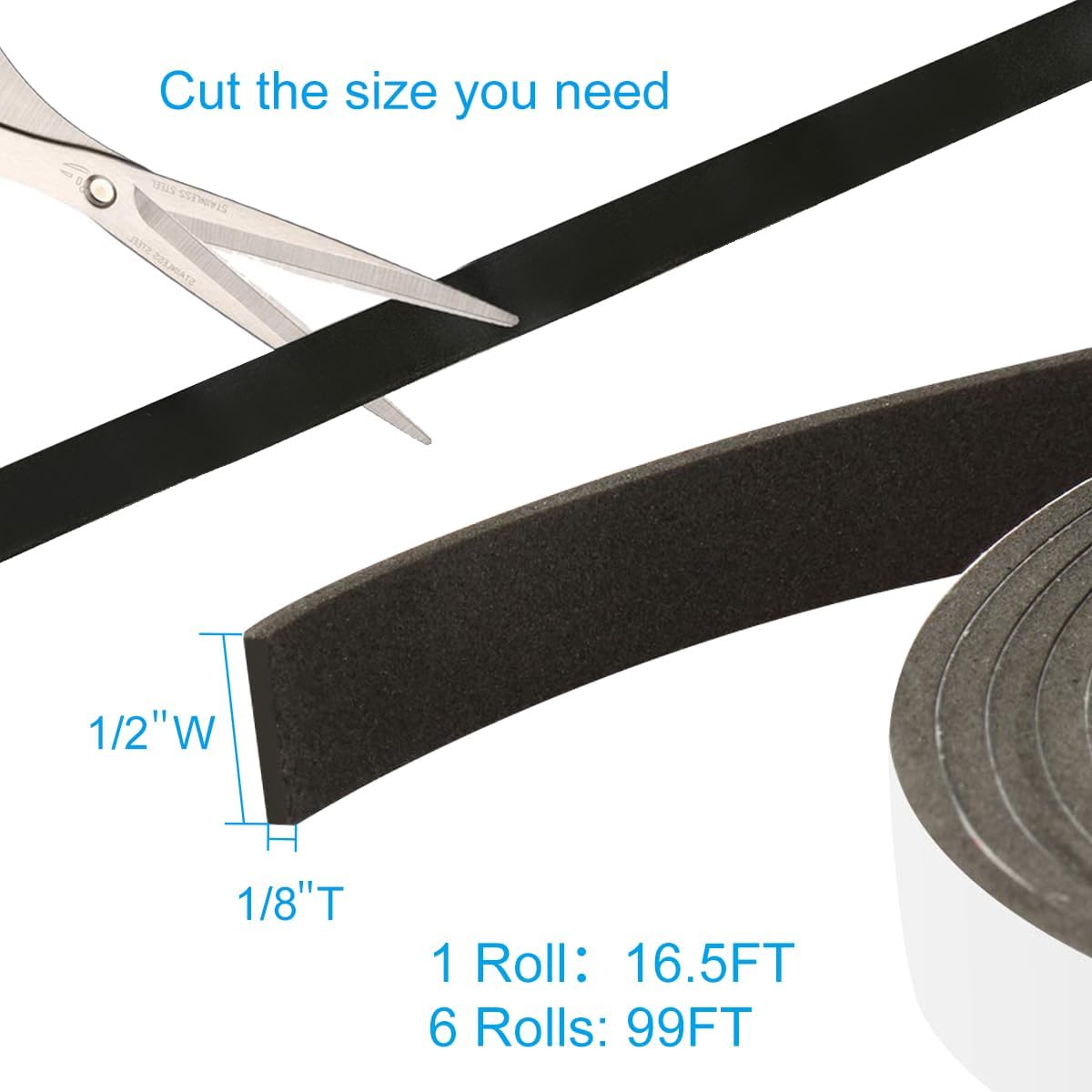 2 Rolls Foam Seal Tape for Door Window Insulation, Soundproof and Shockproof Foam Adhensive Strip, 3/8" Wx3/16 T Single Sided Foam Tape, Cold Air and Draft Closed Cell Seal Strip,Total 32FT