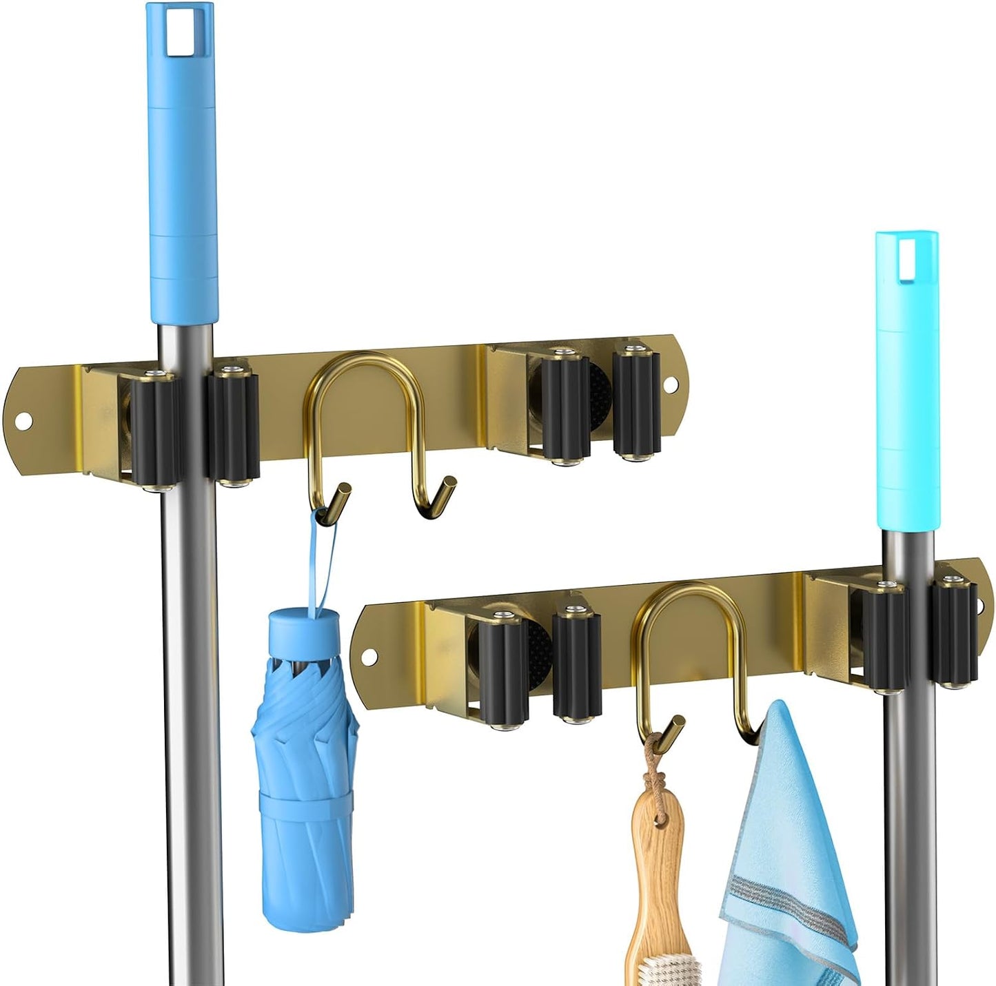 Broom Holder Wall Mount, Stainless Steel Mop and Broom Organizer, Broom Hanger with 2 Slots 2 Hooks for Home Kitchen, Garage, Garden and Laundry Room, Black
