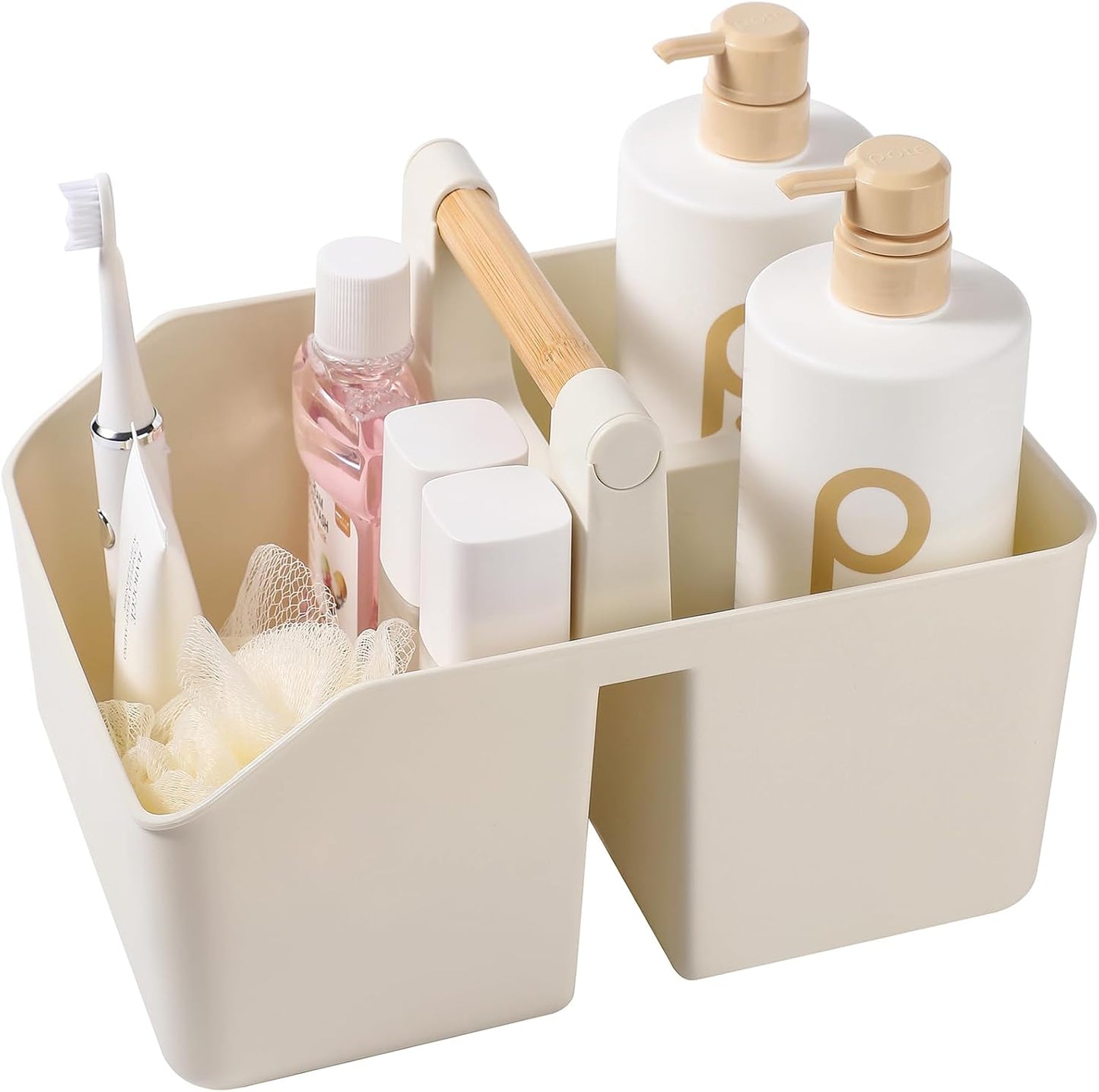 rejomiik Plastic Shower Caddy, Portable Basket with Bamboo Handle, White | Cleaning Caddy Organizer Tote for Bathroom, College Dorm Essentials, Bath Toy Storage, Cleaning Supplies