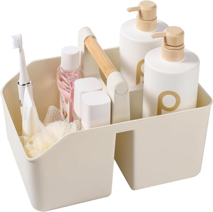 rejomiik Plastic Shower Caddy, Portable Basket with Bamboo Handle, White | Cleaning Caddy Organizer Tote for Bathroom, College Dorm Essentials, Bath Toy Storage, Cleaning Supplies