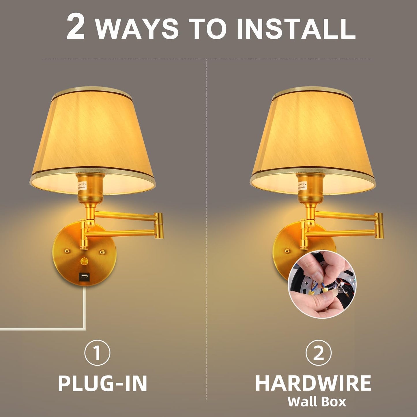 Swing Arm Wall Lamp Plug in Wall Sconces Adjustable Vintage Industrial Reading Light Bedside Wall Mount Light with Dimmable Switch and USB Port Black