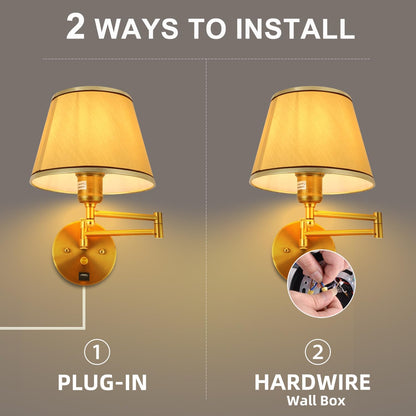 Swing Arm Wall Lamp Plug in Wall Sconces Adjustable Vintage Industrial Reading Light Bedside Wall Mount Light with Dimmable Switch and USB Port Black