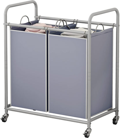 SUOERNUO Laundry Hamper with Lockable Wheels and 2 Removable Bags | Rolling Laundry Basket Laundry Sorter 2 section for Dirty Clothes in Laundry Room or Small Spaces, Grey+Beige