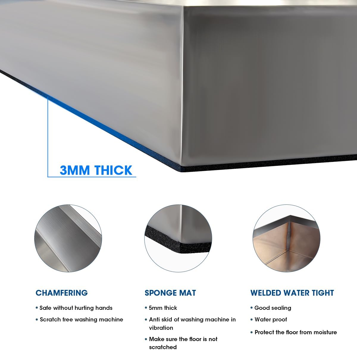 30" x 32" x 2.5" Washing Machine Pan, Leak Protection for Laundry Room | Heavy Duty 304 Stainless Steel, Washing Machine Tray with Anti-Slip Bottom Pad, Raised Edge Drain Pan, No Hole