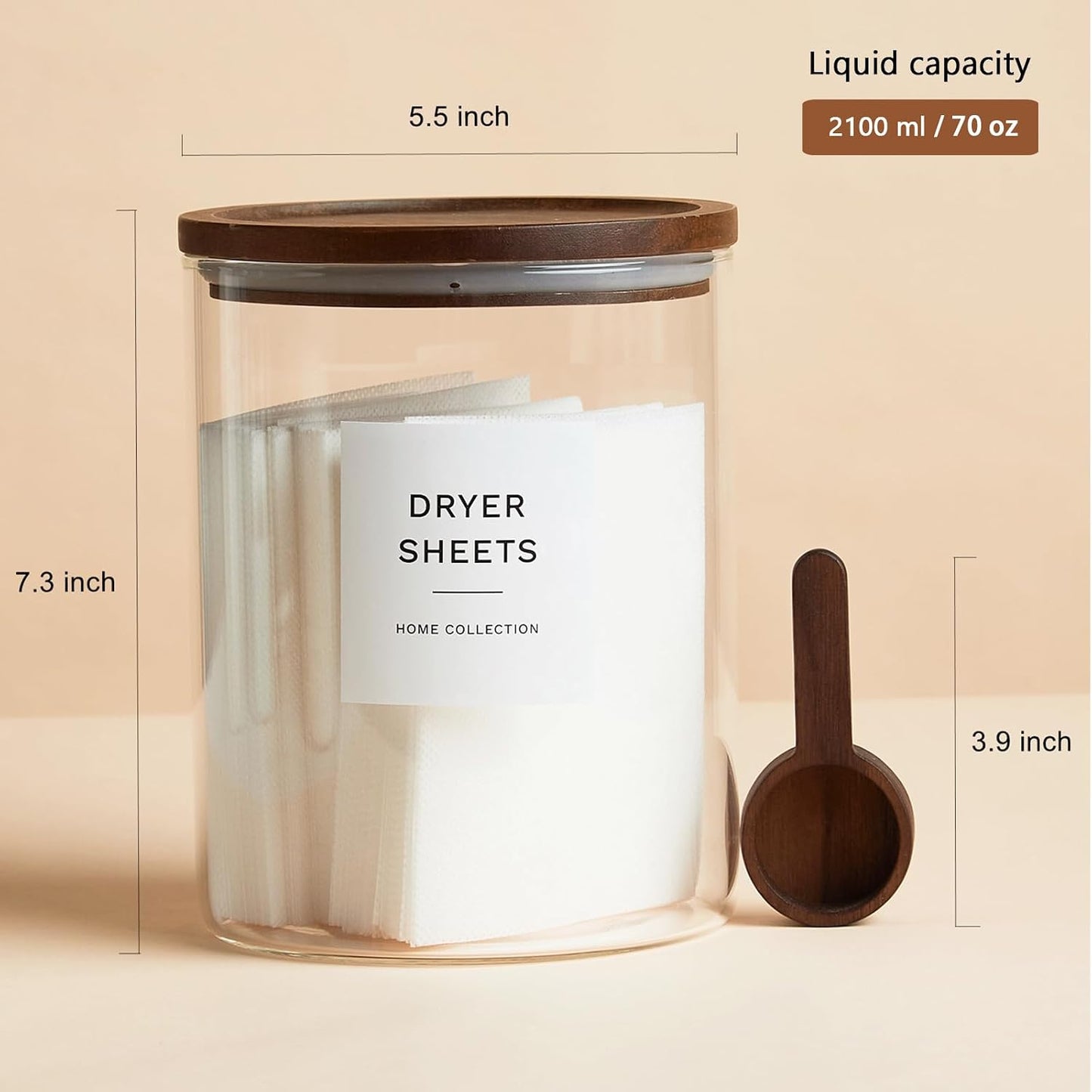 Glass Laundry Storage Containers with Acacia Lids and Scoops, Laundry Jars | 2 Pack Laundry Detergent Canisters for Powder, Laundry Pod Holder & Beads Organizer with Labels for Laundry Room Organization