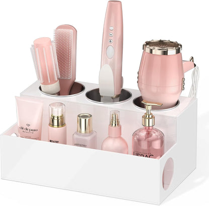 NIUBEE Acrylic Hair Tool Organizer,Hair Dryer Holder Countertop with 3 Cups | Clear, Hot Tools Organizer, Hair Blow Dryer Organizer for Curling Iron, Brush, Straightener, Makeup,Skincare,Vanity, Bathroom