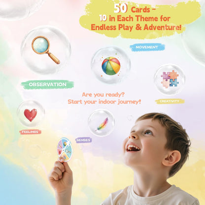 50 Indoor Discovery Cards for Kids 3–12 – Montessori Screen-Free Activity Set | 5 Themes | Spinner & Reward Stickers | Fun Game for Home & School Stocking Stuffers