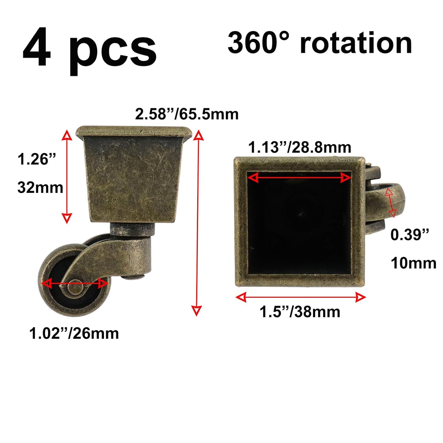 Semetall 4PCS Swivel Caster Wheels Square Cup Furniture Castors (Bronze) | 150kg Load Capacity, with Screws for Piano Feet, Sofa, Table, 1.02 Inch (26mm) Wheels