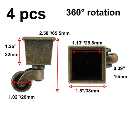 Semetall 4PCS Swivel Caster Wheels Square Cup Furniture Castors (Bronze) | 150kg Load Capacity, with Screws for Piano Feet, Sofa, Table, 1.02 Inch (26mm) Wheels