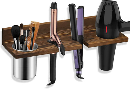 Hair Tool Organizer Wall Mounted - Wooden Dryer Holder, Blow Dryer Holder for Bathroom, Rustic Styling Tools Organizer for Flat Iron, Curling Wand, Hair Straighteners, Brushes, Black