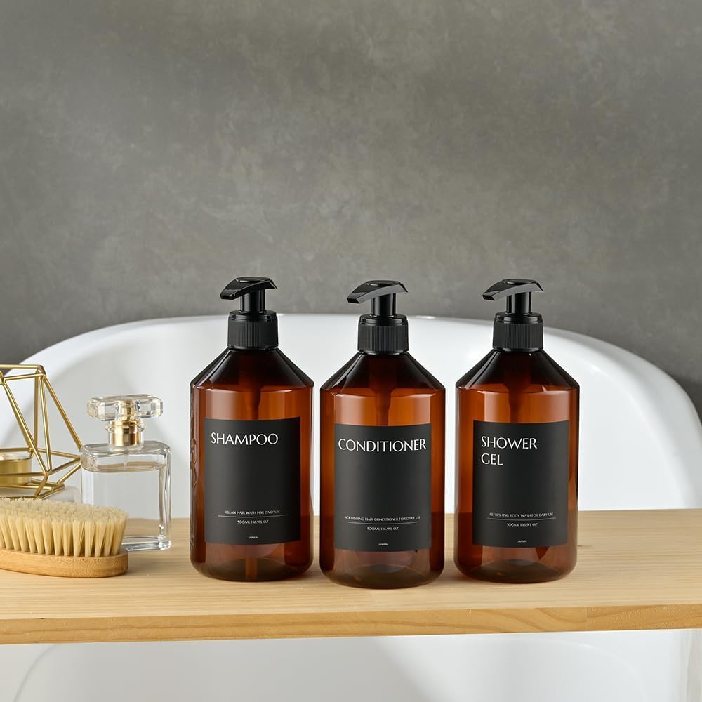Shampoo and Conditioner Dispenser Set of 3 for Wall Mount | 16.9 fl oz Drill Free Shower Soap Bottles,Refillable Body Wash Dispensers for Bathroom Decor (Amber Bottles + Bamboo Pumps)