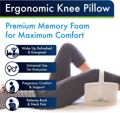 Sports Medica Doctor Developed Knee Pillow for Side Sleepers - Washable Cover Memory Foam Leg Pillow for Side Sleeping - Between Knee Hip Cushion