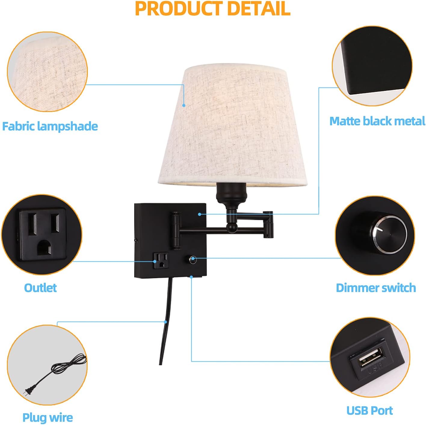 Bedside Wall Mount Light with Dimmable Switch and Outlet, Swing Arm Fabric Shade Wall Sconce Light with USB Port and Plug in Cord, Black Wall Lamp for Bedroom, Living Room and Hotel