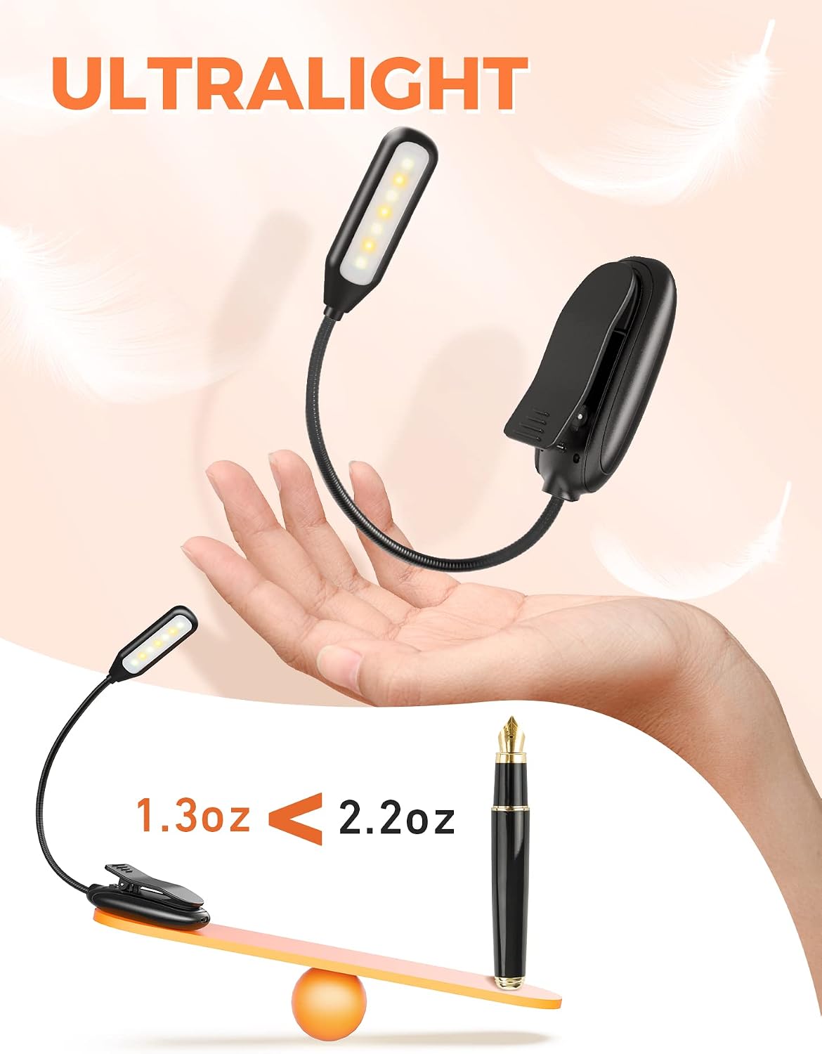 Monotremp Rechargeable Book Lights for Reading at Night, Clip-On 3 Colors | Eye-caring ultralight clip-on, stepless dimming, no flicker, amber mode, 80H runtime, 1.3oz, memory, gift for book lovers.