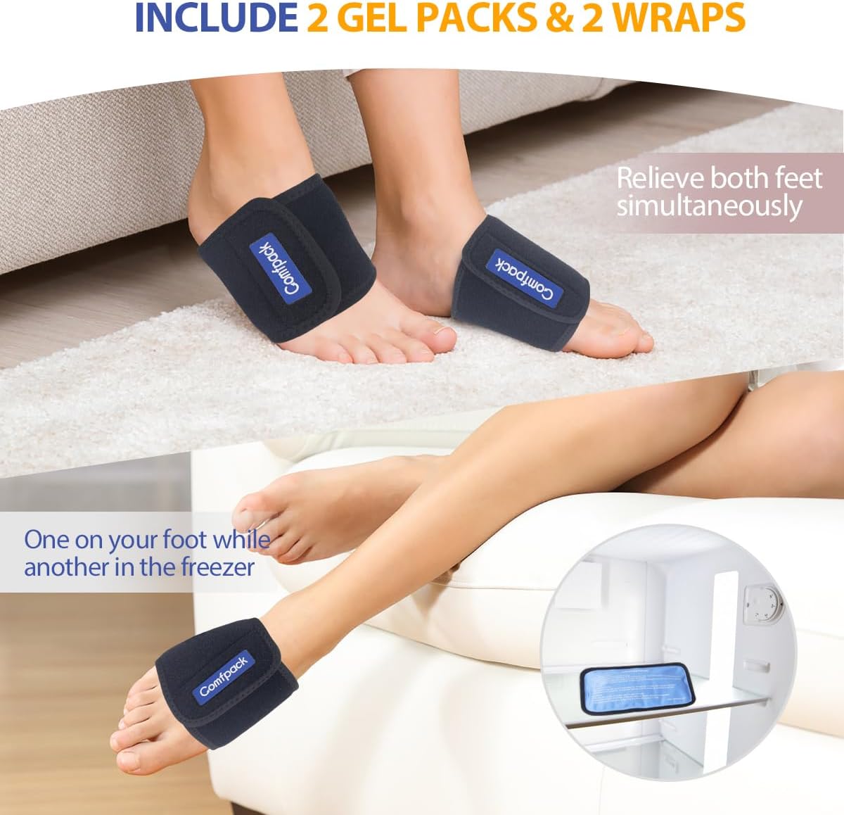 Comfpack Cold Therapy Wrap with 2 Packs for Pain Relief, Reusable Gel Ice Packs for Foot Plantar, Wrist, Ankle, Great for Sprains, Muscle Pain, Bruises, Injuries | Hot and Cold Ice Packs for Foot Plantar, Wrist, Ankle, Great for Sprains, Muscle Pain,
