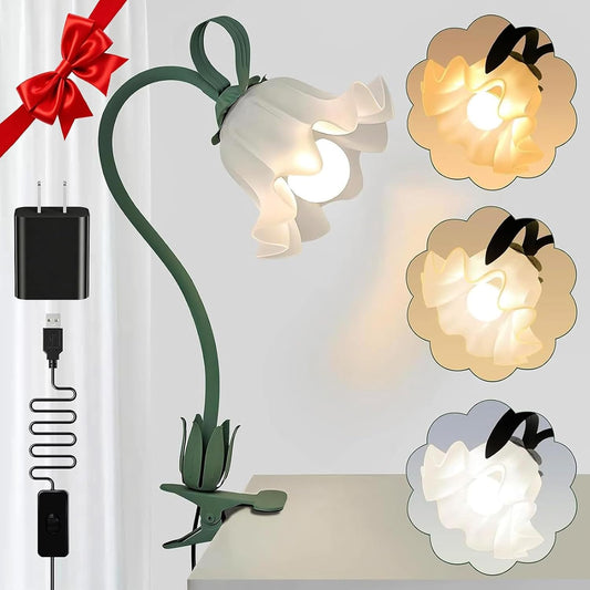 Clip On Flower Lamp for Bedroom, Aesthetic Bedside Reading Light with Flexible Gooseneck, 3 Color Modes Cute Desk Lamp Decor for Dorm Room, Headboard, Nightstand and Home Office