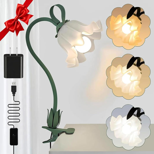 Clip On Flower Lamp for Bedroom, Aesthetic Bedside Reading Light with Flexible Gooseneck, 3 Color Modes Cute Desk Lamp Decor for Dorm Room, Headboard, Nightstand and Home Office