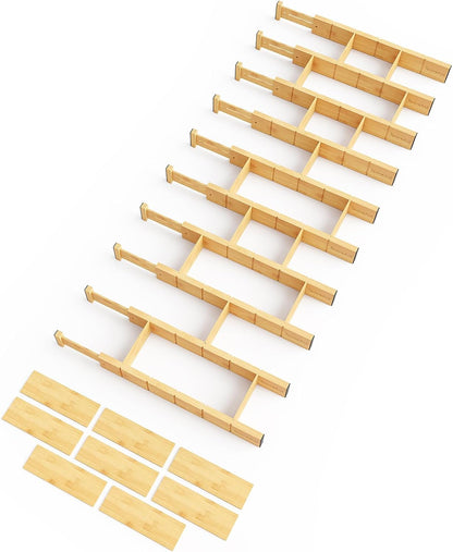 SpaceAid Bamboo Drawer Dividers with Inserts and Labels, Kitchen Adjustable Drawer Organizers, Expandable Organization for Home, Office, Dressers, 4 Dividers with 9 Inserts (17"-22" Natural)