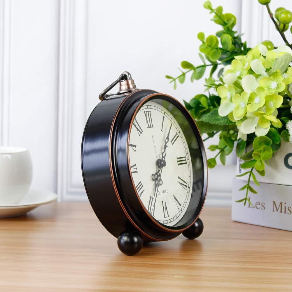 Retro Metal Table Clock Battery Operated Non-Ticking Silent Quartz Table Small Alarm Clock Desk Shelf HD Glass Clock for Kids Room (Arabic-550-12)