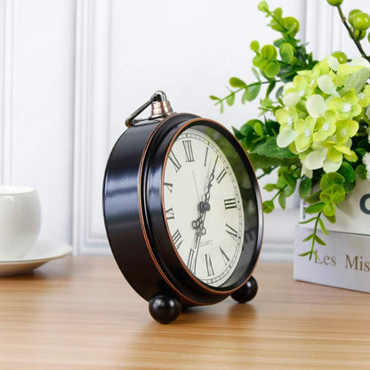 Retro Metal Table Clock Battery Operated Non-Ticking Silent Quartz Table Small Alarm Clock Desk Shelf HD Glass Clock for Kids Room (Arabic-550-12)