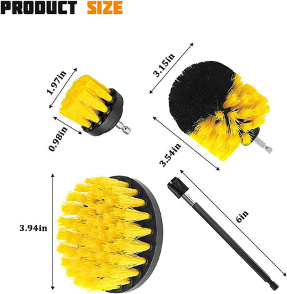 4PCS Drill Brush Attachment Kit with Extension Rod, Red | PP bristles with steel shafts, three brush sizes, quick-change extension rod, follows curved surfaces, compact storage