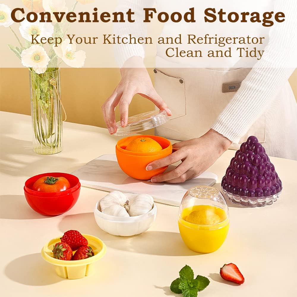 6 PCS Fruit and Vegetable Storage Containers, Reusable Storage Keeper, Lemon Orange Avocado Onion Garlic Tomato Shaped Saver Holder for Fridge, Refrigerator Crisper for Fruit and Vegetable