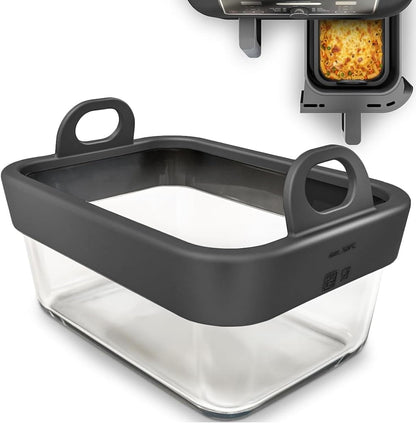 Air Fryer Glass Liner with Removable Silicone Ring, Air Fryer Accessories | Reusable Glass Air Fryer Basket Insert for Ninja Foodi DZ201 DZ401 DZ550, 8-10QT Dual Air Fryer, Dishwasher Safe, Easy Rinse