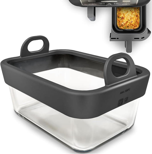 Air Fryer Glass Liner with Removable Silicone Ring, Air Fryer Accessories | Reusable Glass Air Fryer Basket Insert for Ninja Foodi DZ201 DZ401 DZ550, 8-10QT Dual Air Fryer, Dishwasher Safe, Easy Rinse