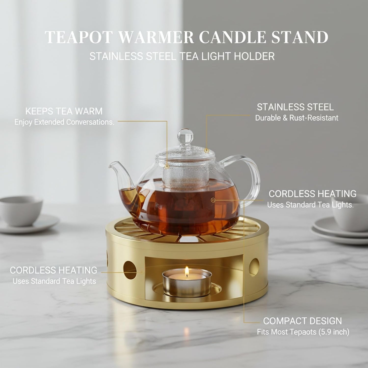 Stainless Steel Tea Light Candle Holder Stand for Glass Kettles and Mugs, 5.9x5.9 Inch Base