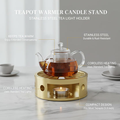 Stainless Steel Tea Light Candle Holder Stand for Glass Kettles and Mugs, 5.9x5.9 Inch Base