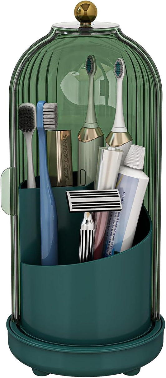 Drainable Toothbrush Toothpaste Holders with Cover, Transparent | Drainage Holes, Waterproof and Dustproof, 360° Rotating Base, Sliding Door, for Bathroom Counter