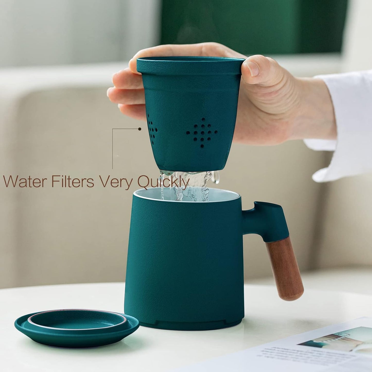 ZENS Tea Mug with Infuser and Lid for Loose Leaf Tea Steeper, 16.9oz Moss | Embossed Ceramic Tea Cup with Infuser for Herbal Tea Difussers, Tea Lovers Gifts, Nature Wood Handle