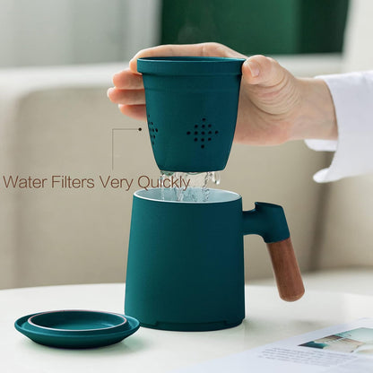 ZENS Tea Mug with Infuser and Lid for Loose Leaf Tea Steeper, 16.9oz Moss | Embossed Ceramic Tea Cup with Infuser for Herbal Tea Difussers, Tea Lovers Gifts, Nature Wood Handle