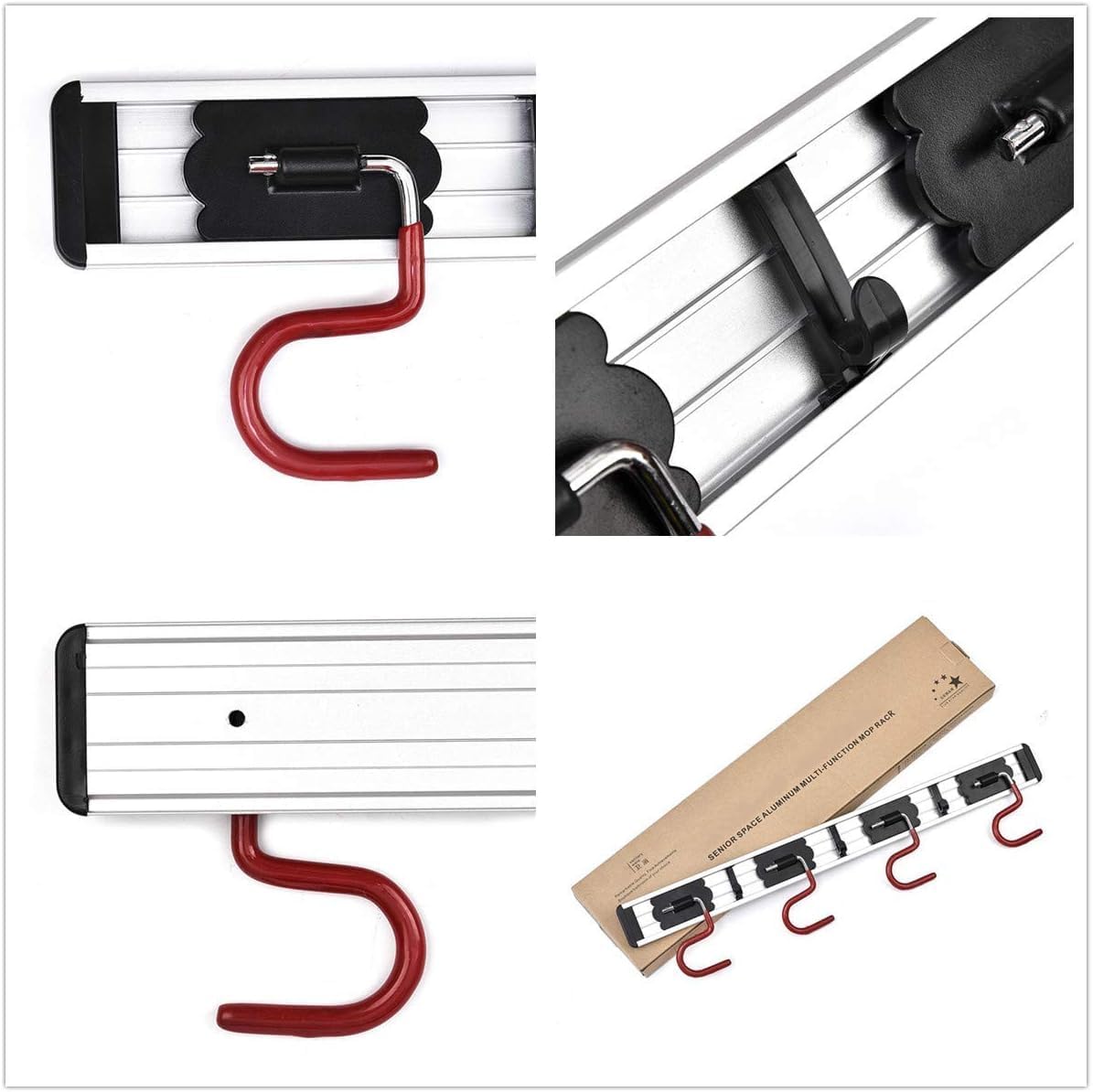 Wall Mounted Mop and Broom Holder Stainless Steel S Type Broom Rack Anti-Slip Mop Organizer (17 Inches,4 Positions 3 Hooks, Red black) (17inch)