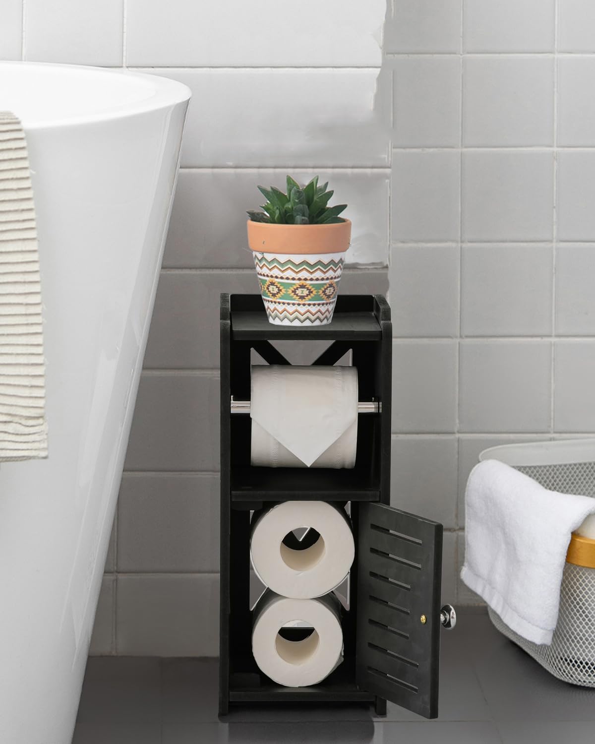 AOJEZOR Toilet Paper Holder Stand: Small Space Bathroom Storage for Renters