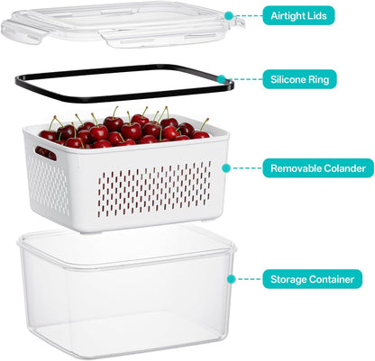 HOMETALL 4 Pack Fruit Storage Containers for Fridge Set, Produce Containers for Fridge with Strainer, Plastic Reusable Fridge Organizers and Storage for Berry Salad Lettuce, Size 3.4, 1.8, 0.9, 0.4QT
