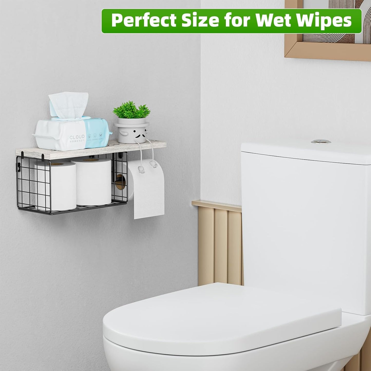 VITVITI Toilet Paper Holder with Shelf, Wall Mounted Storage Basket, Brown | Farmhouse Wall Mount Toilet Paper Holder Shelves, Wood Metal Toilet Roll Wipes Holder for Bathroom