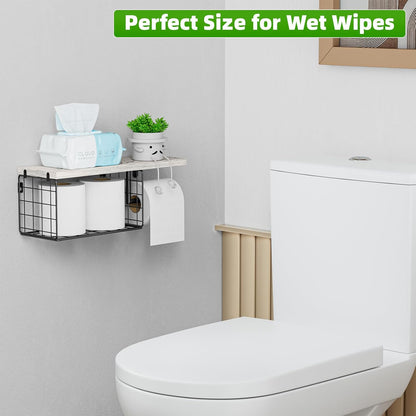 VITVITI Toilet Paper Holder with Shelf, Wall Mounted Storage Basket, Brown | Farmhouse Wall Mount Toilet Paper Holder Shelves, Wood Metal Toilet Roll Wipes Holder for Bathroom