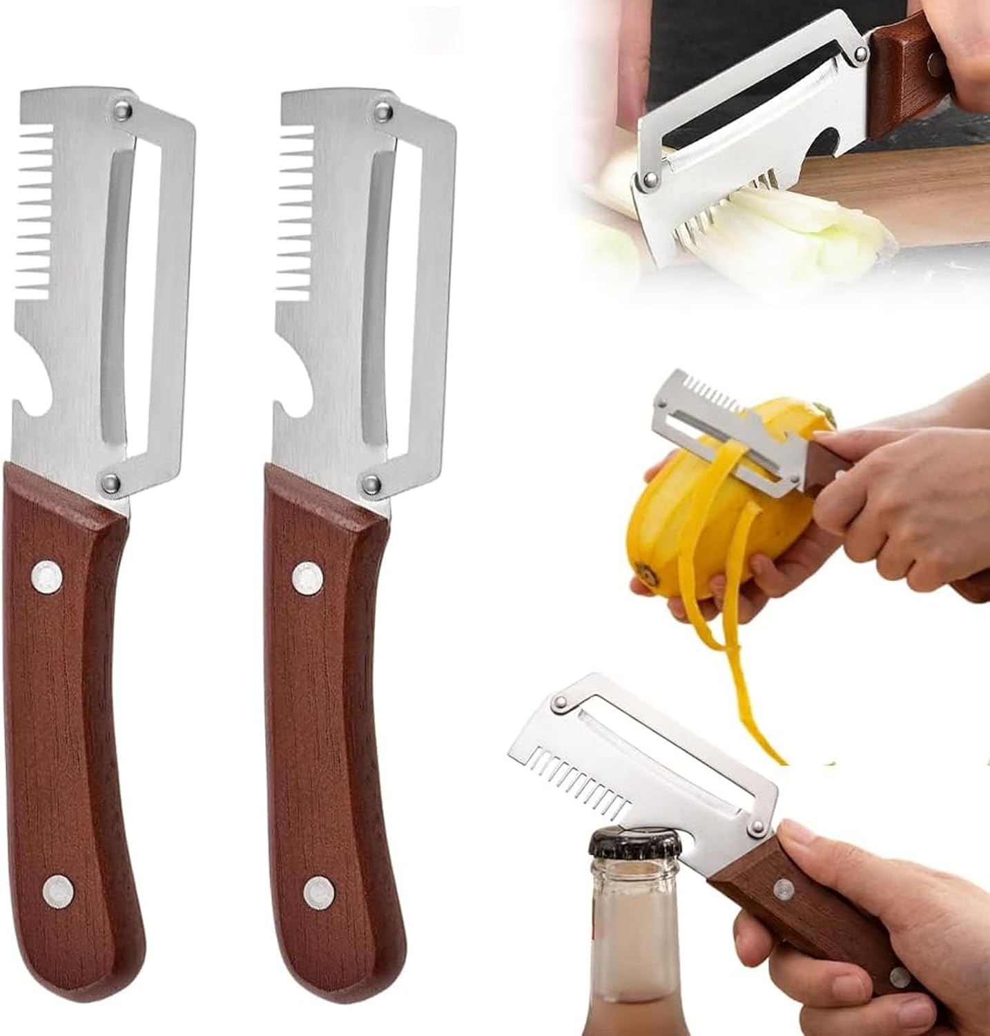 2-pack Premium Vegetable Peeler with Wooden Handle and Bottle Opener，Multi-Functional Vegetable Peeler for Kitchen,Kitchen Gadgets Tool for Fruit Pumpkin Peeling Potato Carrot Veggie Peeler