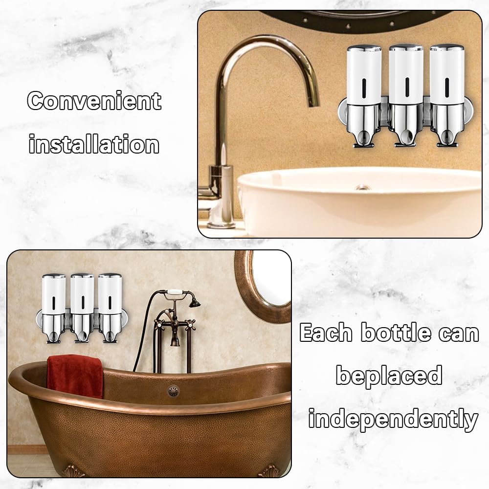 3 in 1 Chamber Wall Mounted Shampoo and Conditioner Dispenser (Silver) | No Drill Shower Soap Dispenser for Bathroom & Hotel Leak-Proof Pumps, Easy Installation and Large Capacity