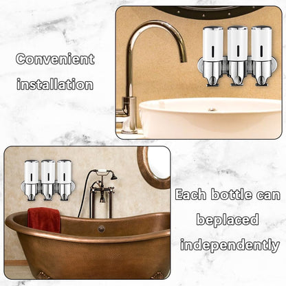 3 in 1 Chamber Wall Mounted Shampoo and Conditioner Dispenser (Silver) | No Drill Shower Soap Dispenser for Bathroom & Hotel Leak-Proof Pumps, Easy Installation and Large Capacity