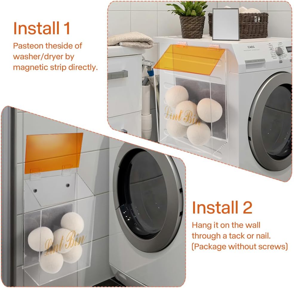 Picowe Magnetic Laundry Storage, Large Clear Acrylic Lint Holder Bin with Lid for Laundry Room with Dryer Lint Brush, Space-Saving Trash Container Hanging on Dryer, Washer or Wall Mount Trash Bin