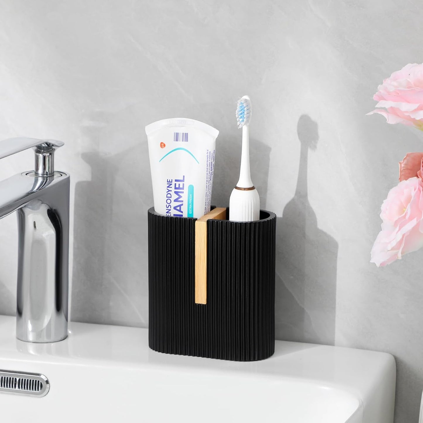 Toothbrush Holders for Bathroom, Bamboo Electric Toothbrush Stand, White | Toothbrush and Toothpaste Organizer for Sink Countertop, Bathroom Storage Stand for Brushing Accessories